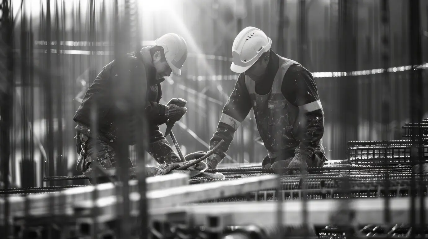 Monochrome Szene, die das Leben von Beschäftigten auf einer Baustelle im Baugewerbe zeigt.